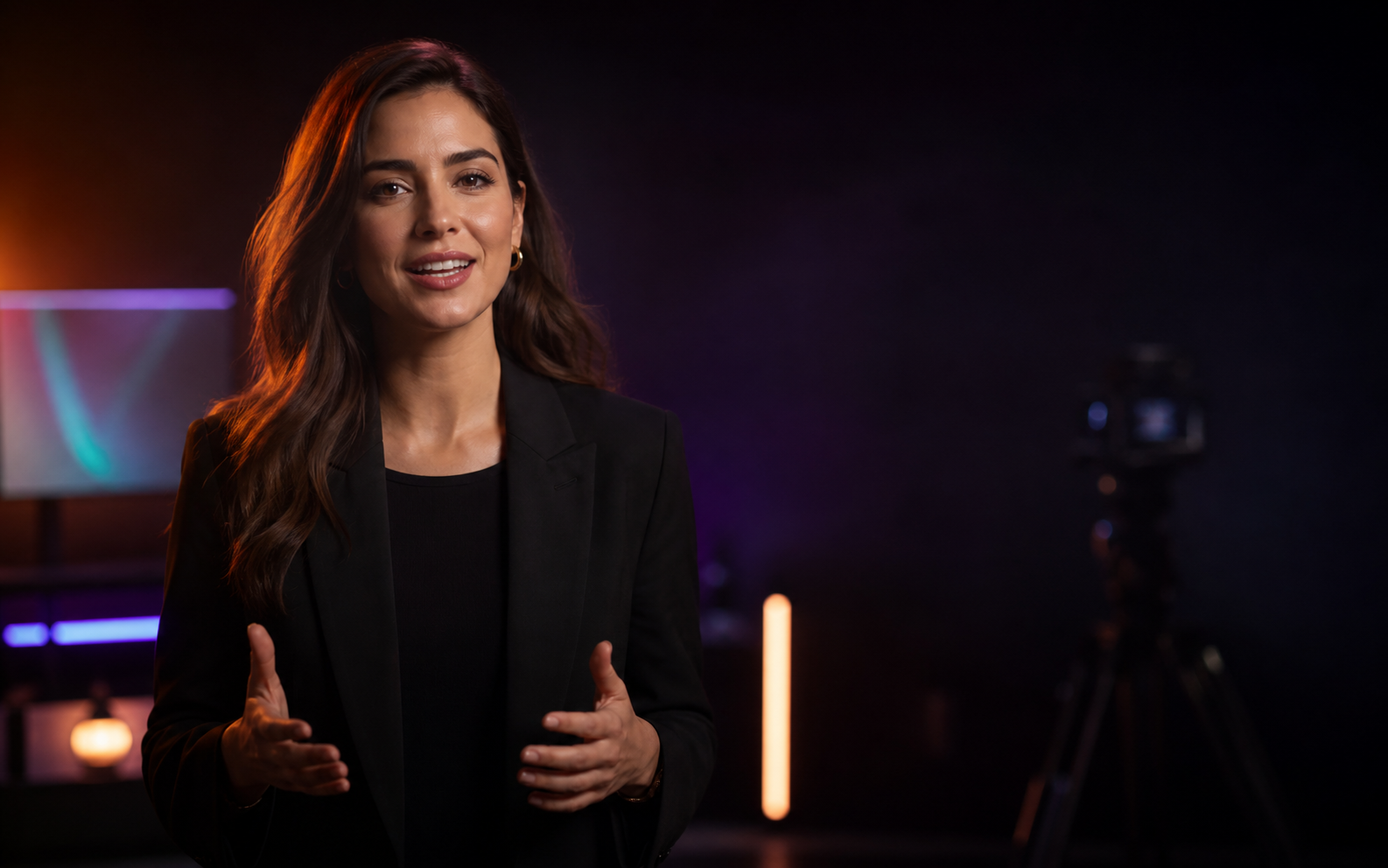 Fictional AI business presenter in a video studio